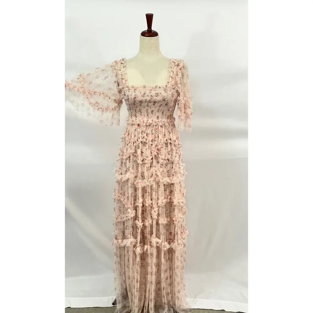 NEEDLE & THREAD Sz 2 Bijou Rose Smocked Maxi Dress Gown - Picture 6 of 13